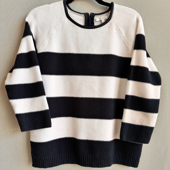 Alfred Sung | Navy & White Striped Cotton Knit Sweater - Picture 1 of 9